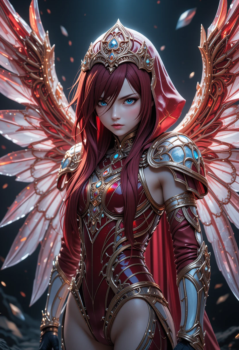 Crimson haired anime warrior girl in crystalline armor
