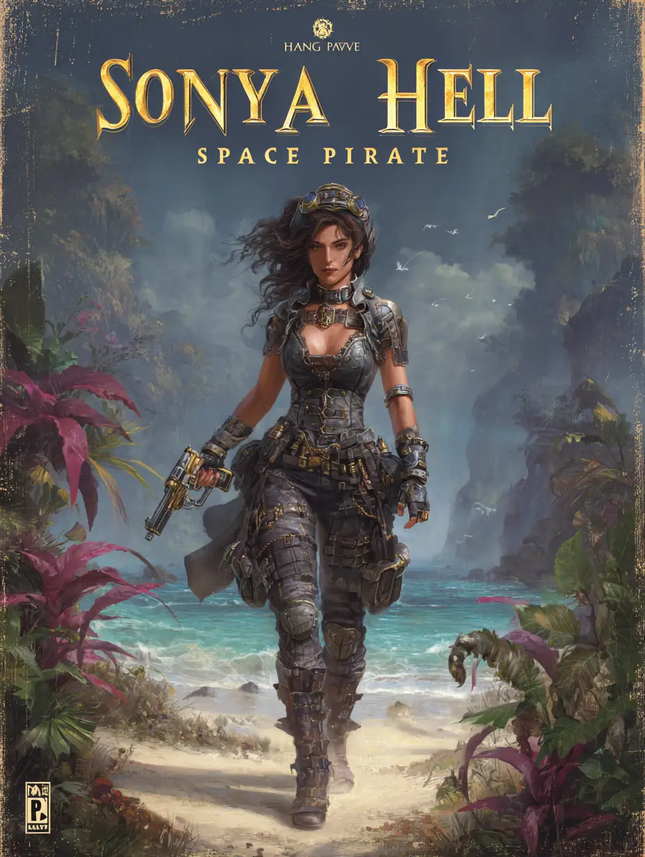 Female space pirate on alien shore movie poster illustration