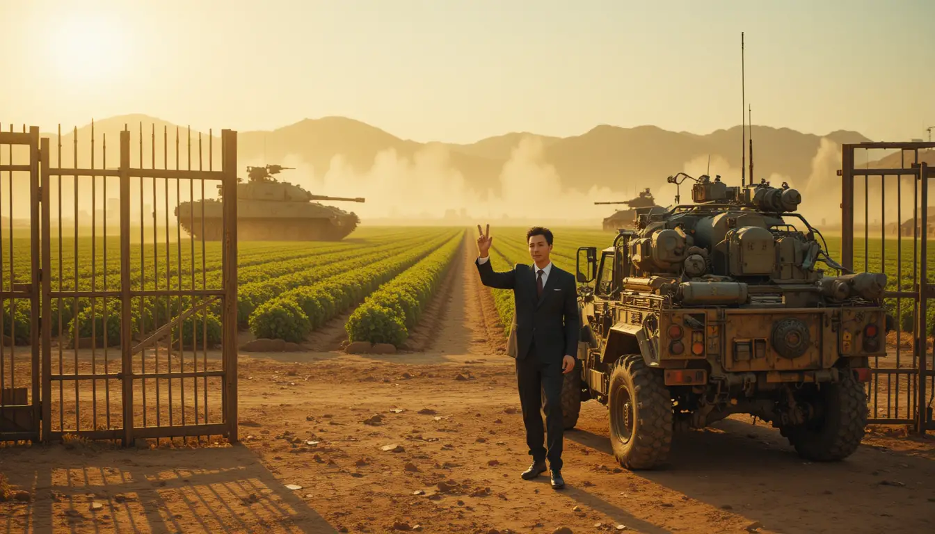 Cinematic tanks guarding a gate to green desert fields