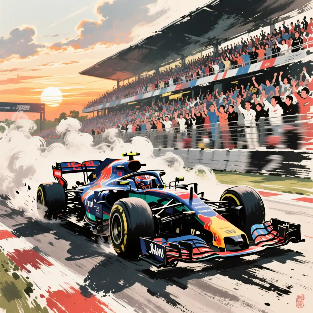 F1 race car speeding across racetrack in ink painting style