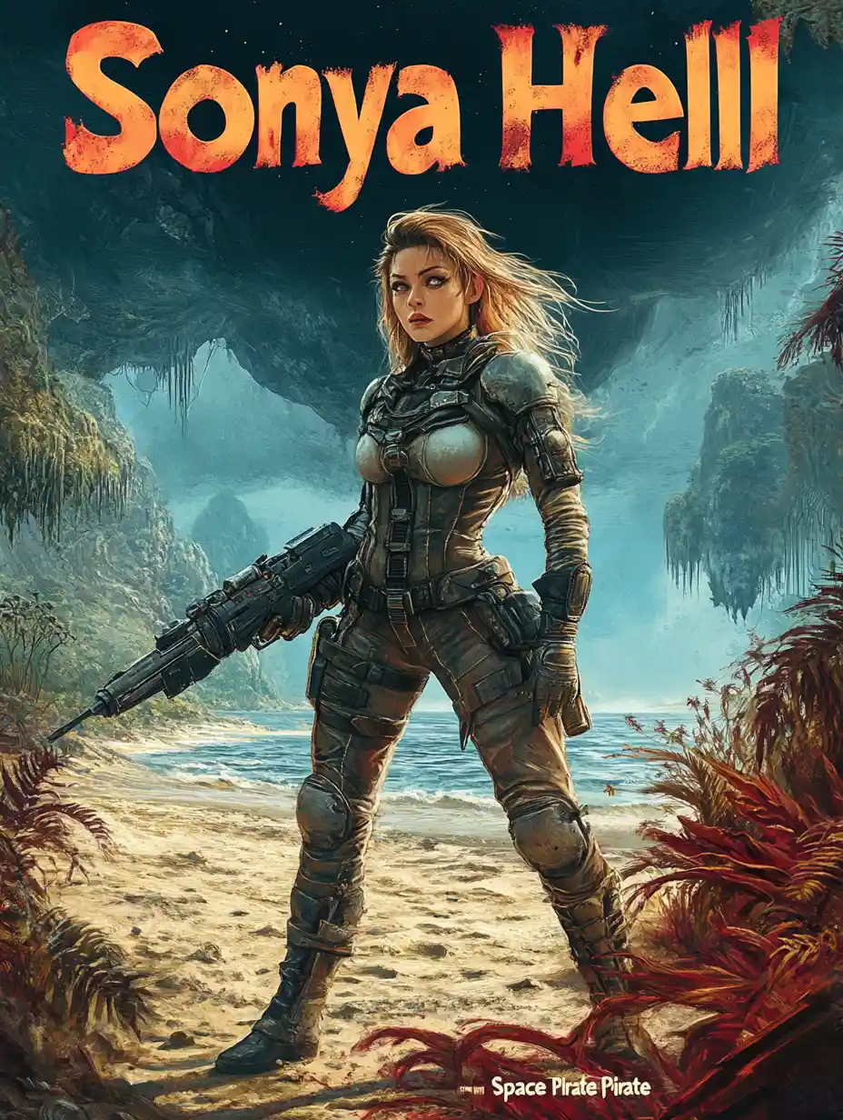 Female space pirate on alien shore movie poster illustration