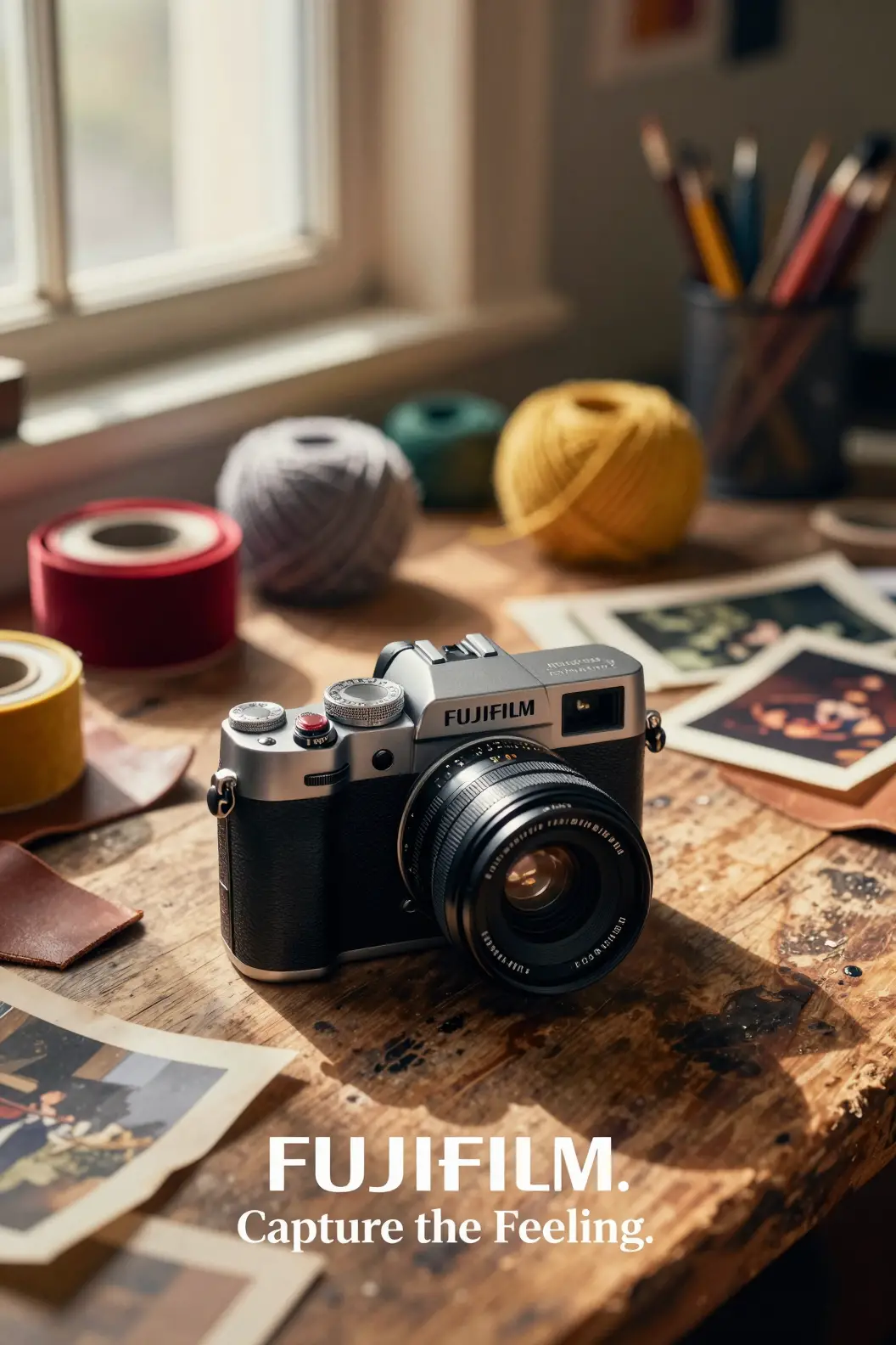 Retro fujifilm camera on creative studio desk poster