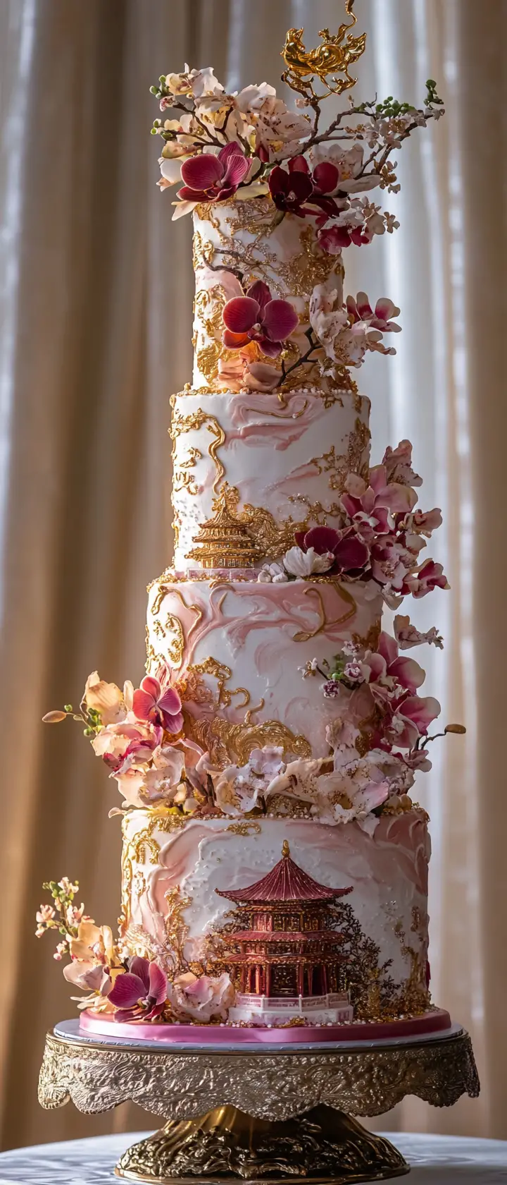 Tall geode cylinder cake with orchids and roses