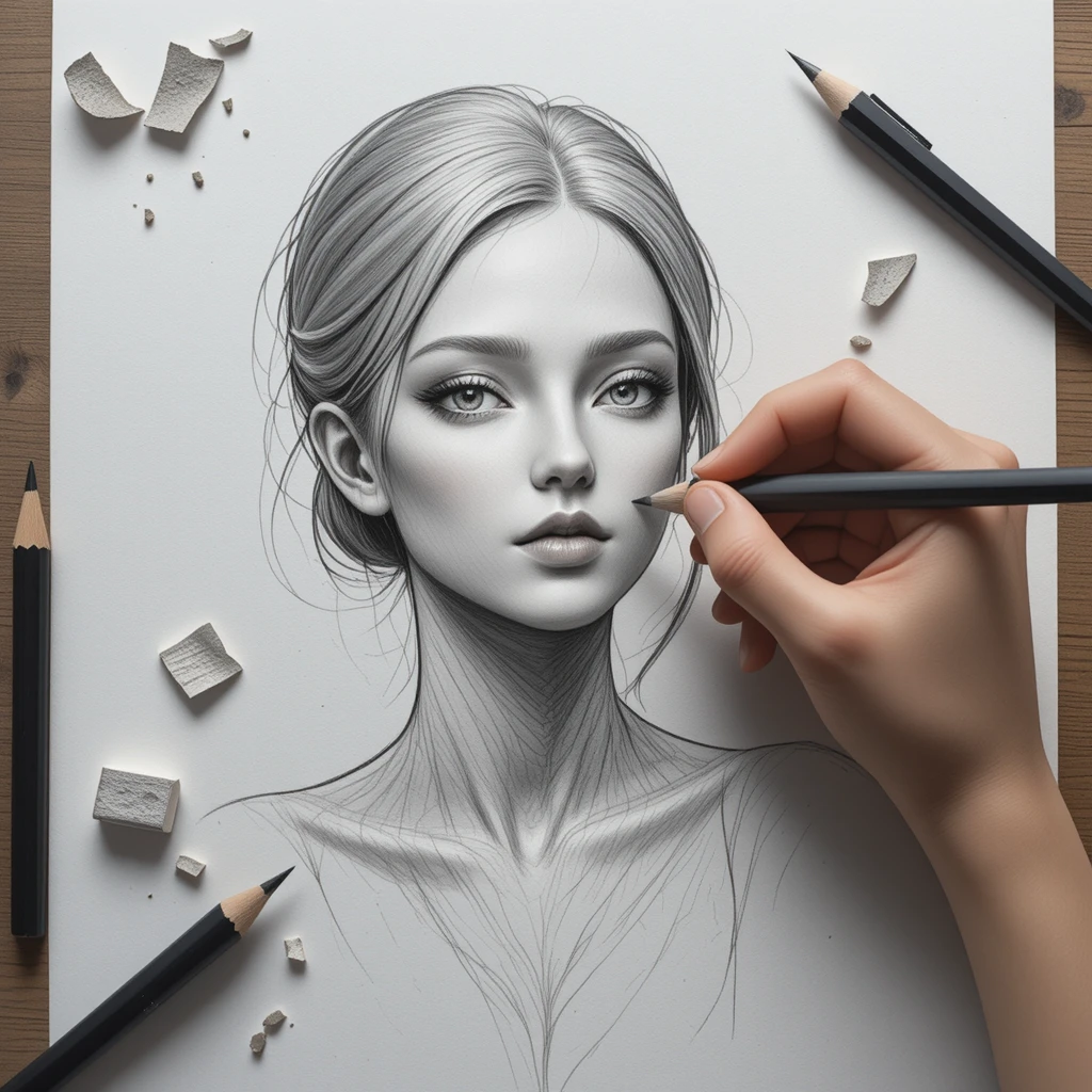 Artist sketching on textured notebook paper with pencils