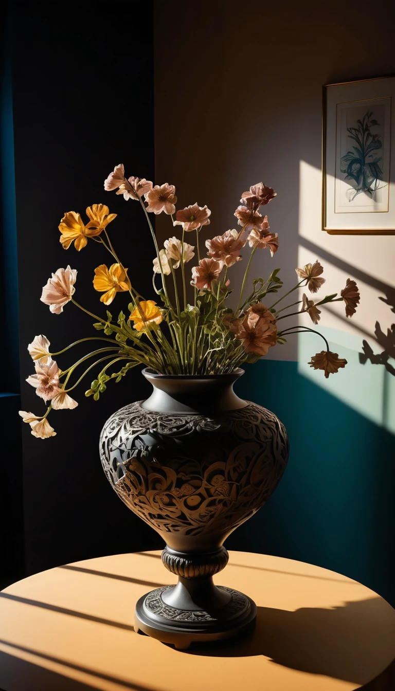 Vista en contrapicado de flores de ikebana sobre una mesa ornamentada