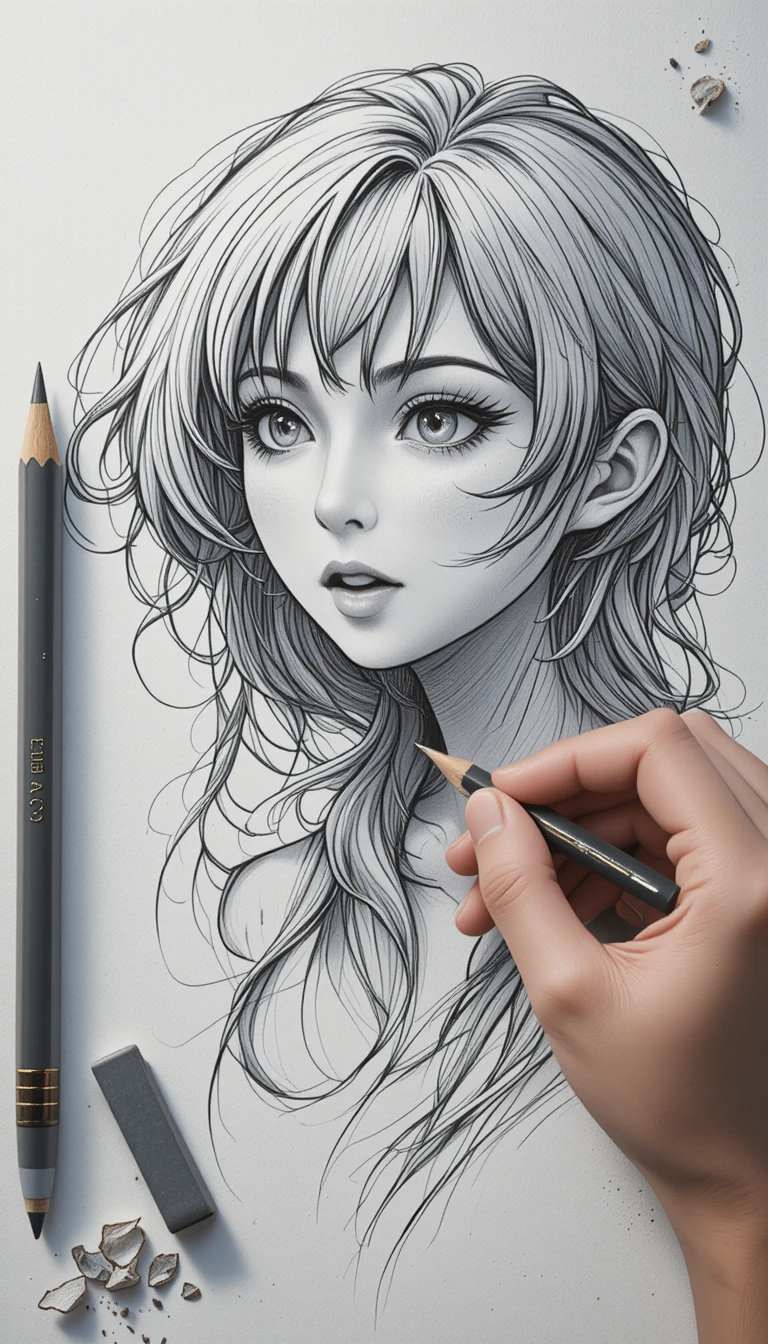 Artist drawing on textured notebook paper with graphite details