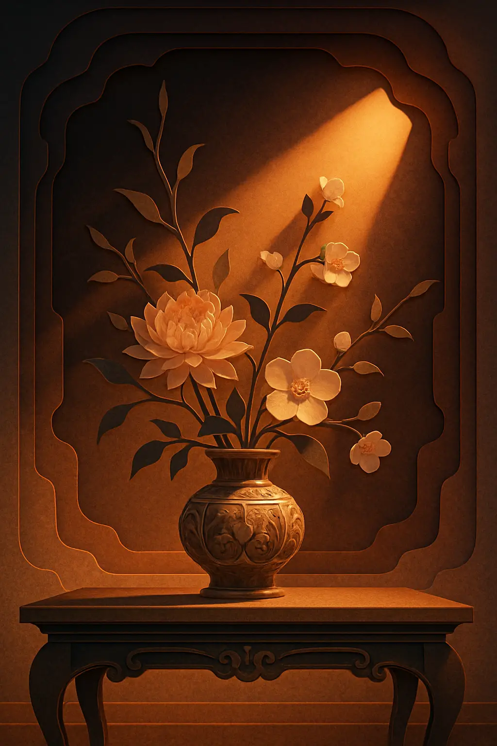 Fiori ikebana sereni sotto i riflettori su un tavolo elegante
