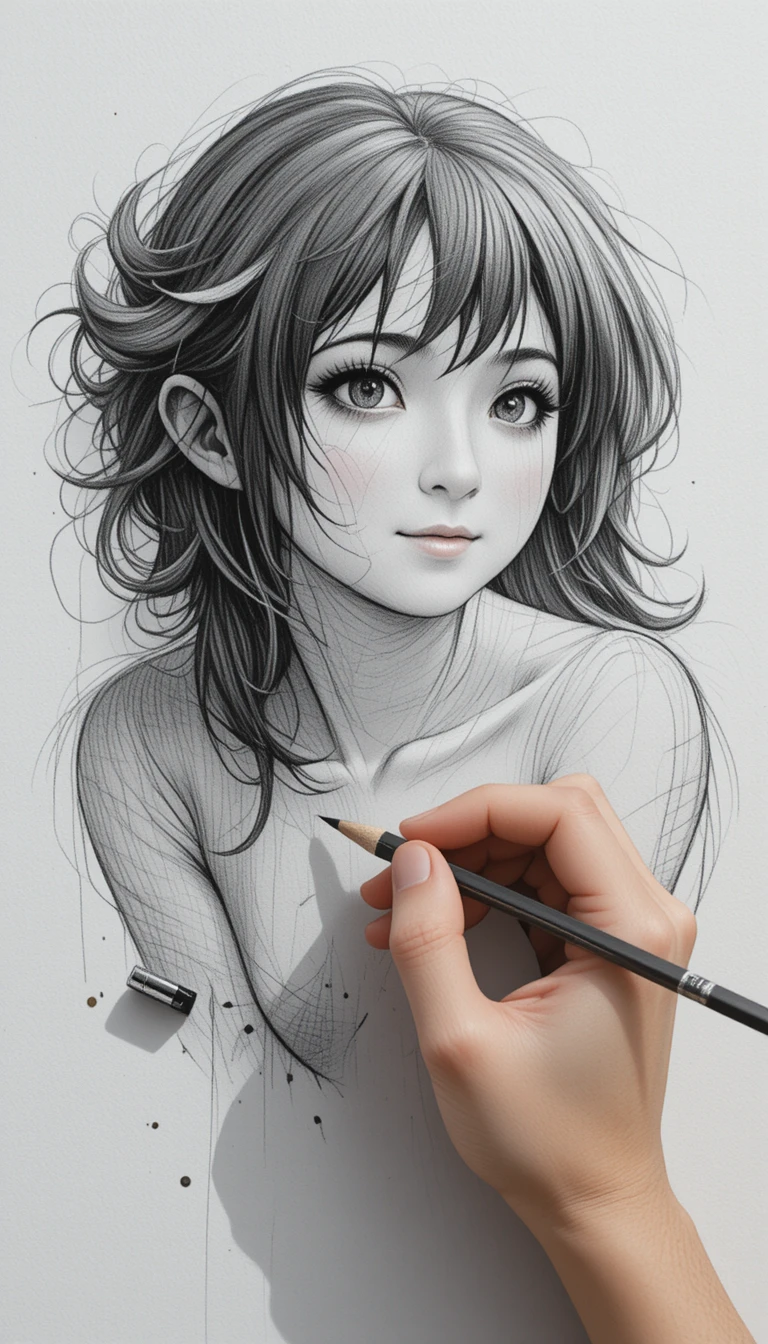 Artist sketching in graphite on textured notebook paper