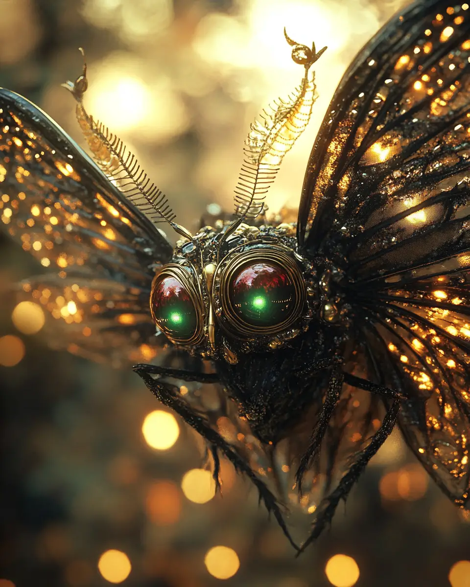 Humanoid moth creature with golden patterned wings