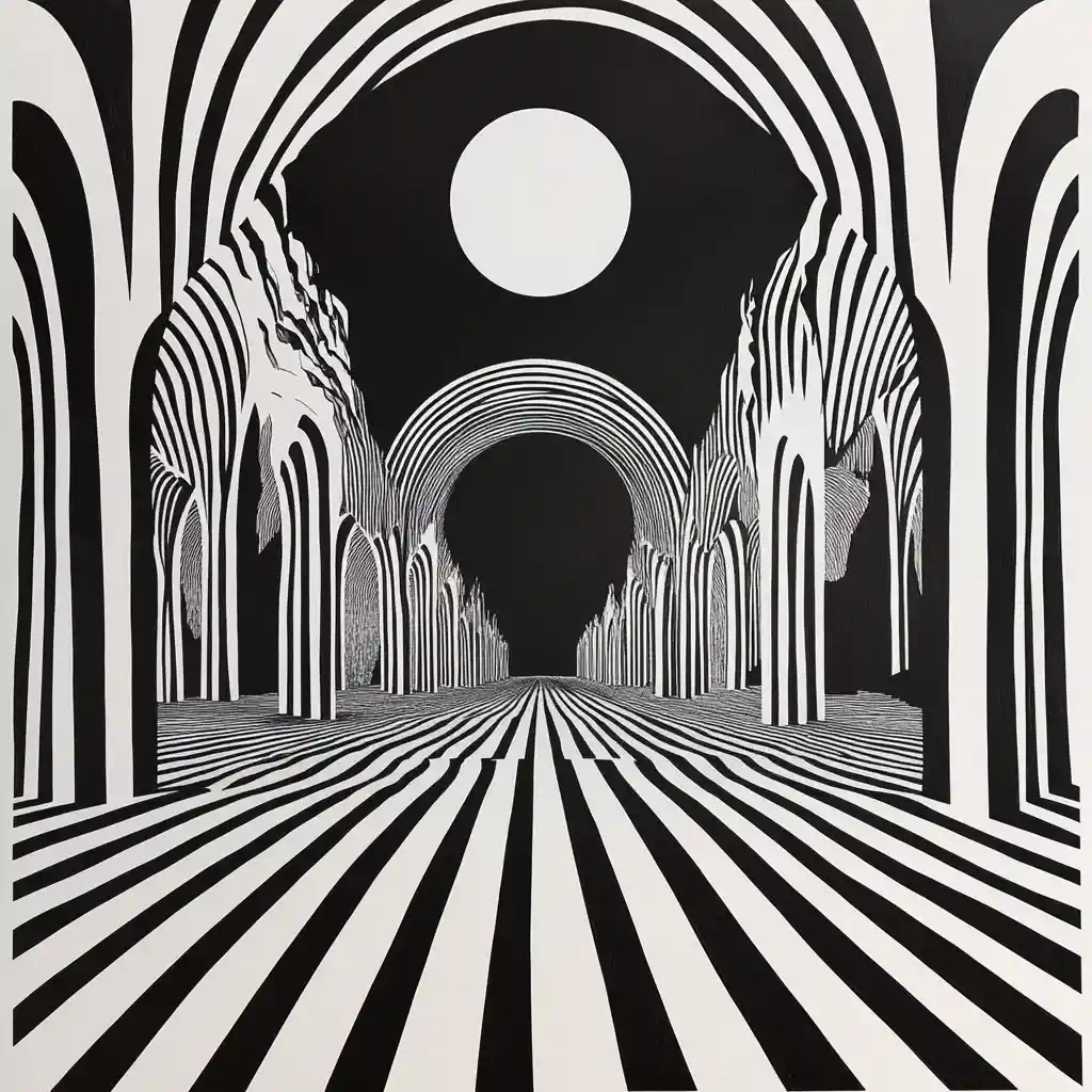 Infinite striped temple corridor in stark black and white