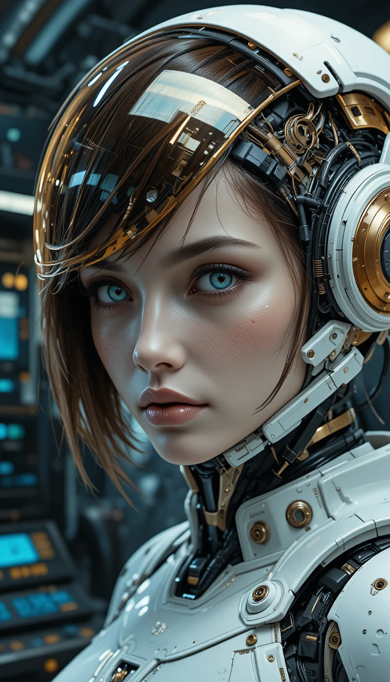 Primo piano di un cyborg femminile cyberpunk con casco dorato