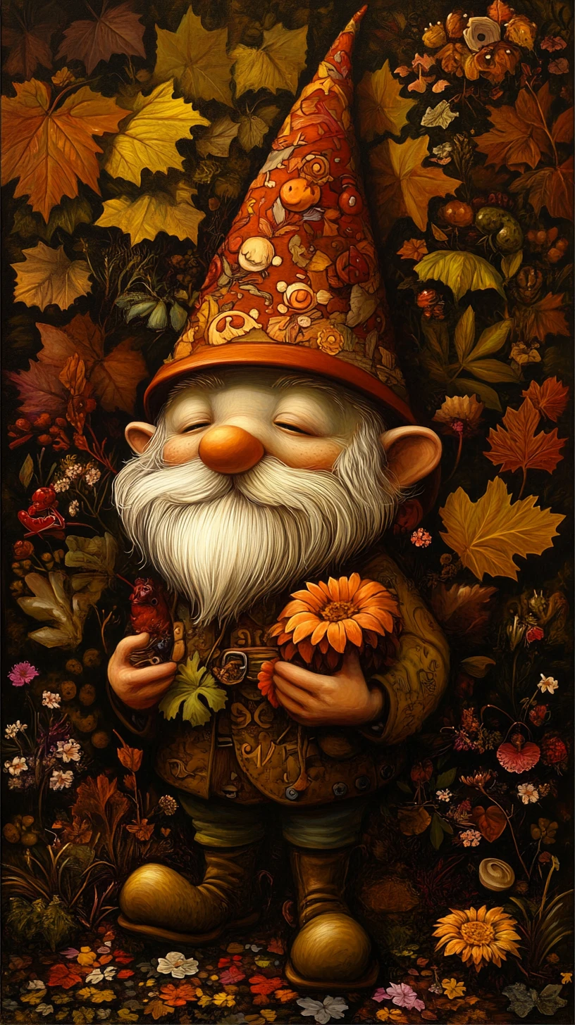 Whimsical gnome in a surreal autumn fantasy world