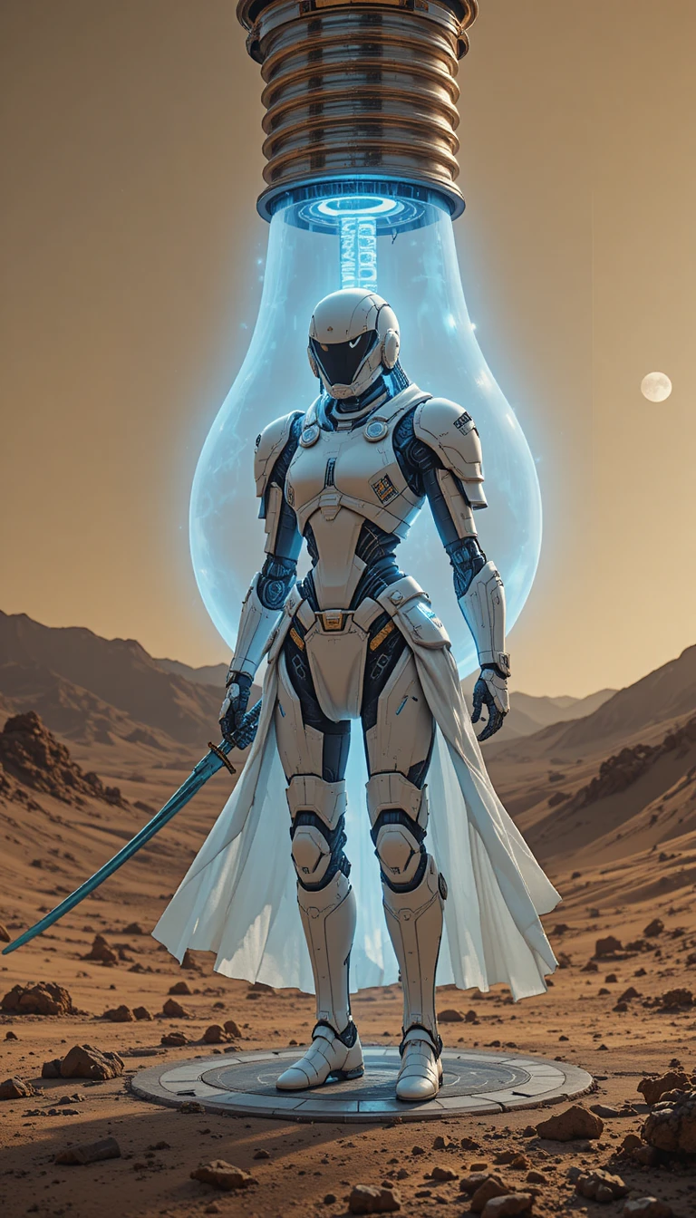 Nordic female robot with sword inside giant light bulb