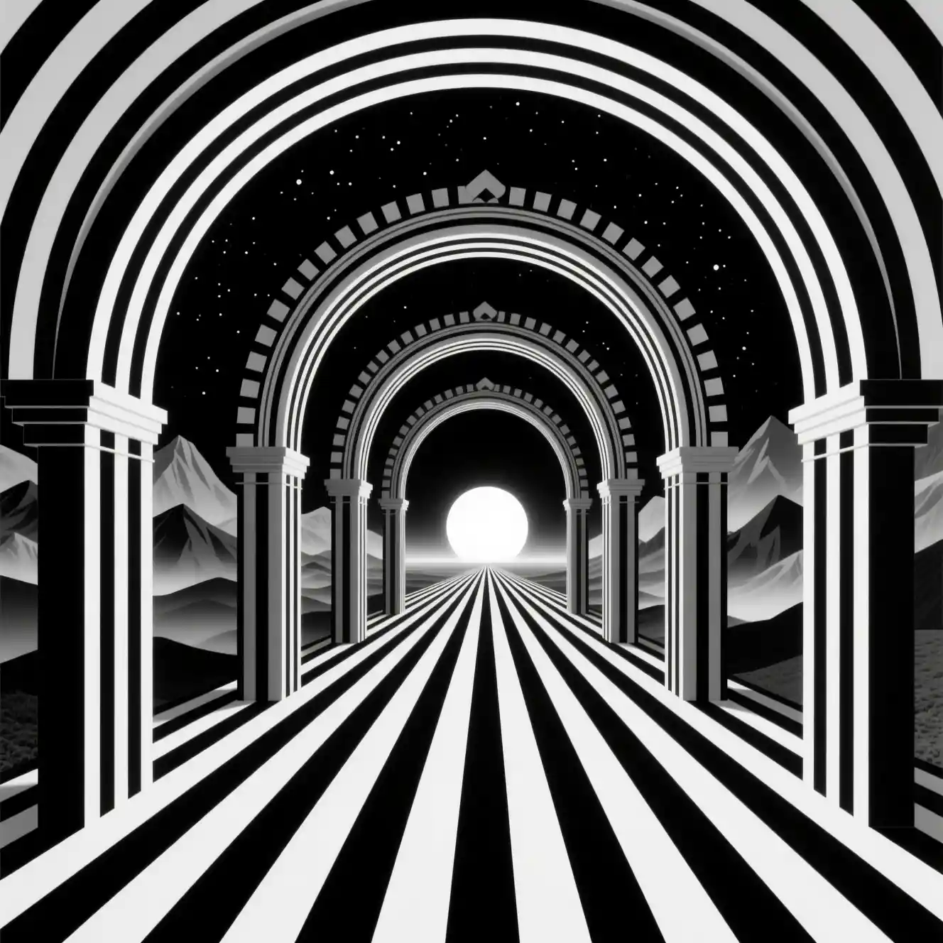 Surreal striped corridor of infinite temple archways