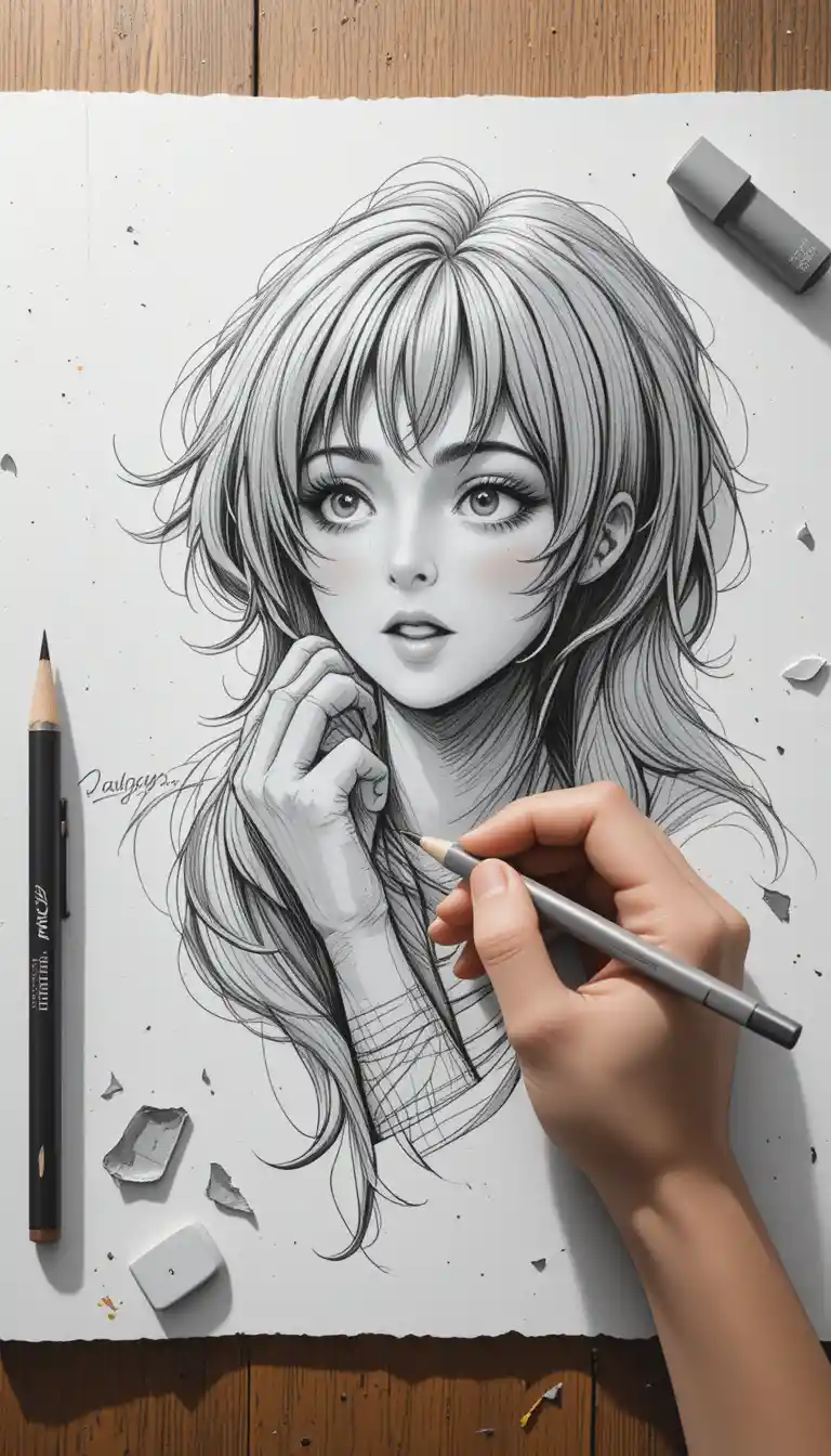 Artist sketching in graphite on textured notebook paper