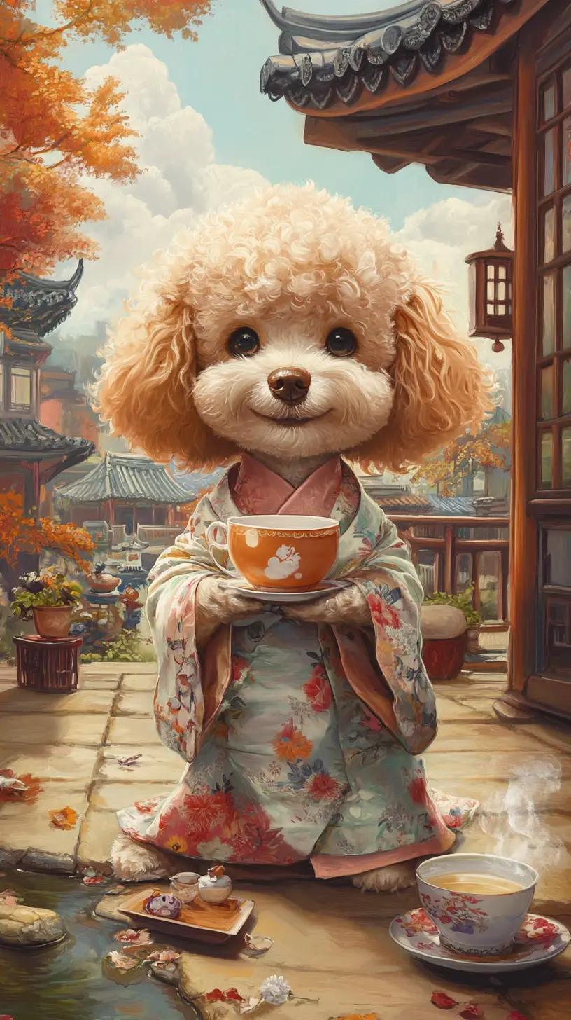 Anthropomorphic poodle in kimono serving tea inside teahouse