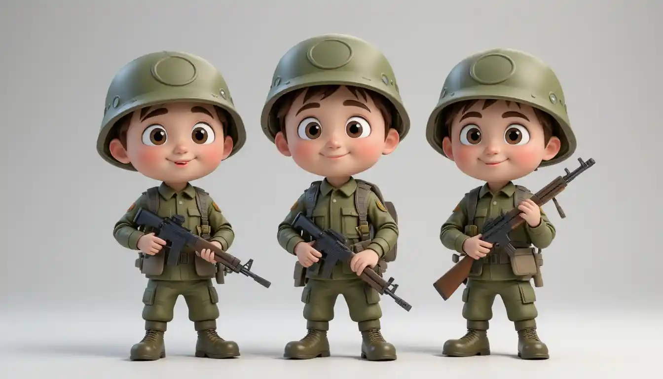Cute cartoon soldiers in green 3d uniforms on white