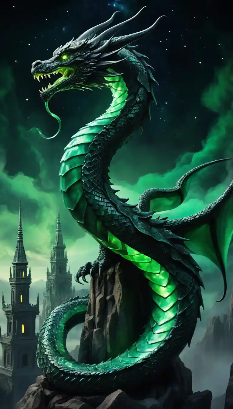 Dragão de jade e obsidiana enrolado em uma torre imponente