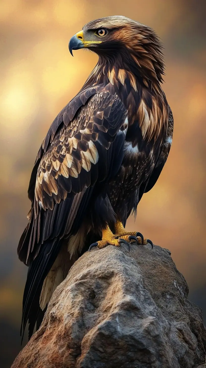 Golden eagle perched on a rock under a moody sky
