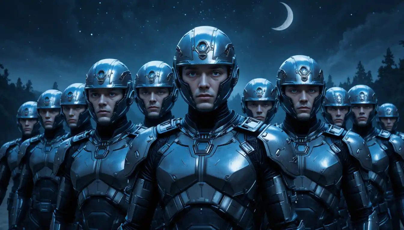 Futuristic armored police officers under a starry night sky