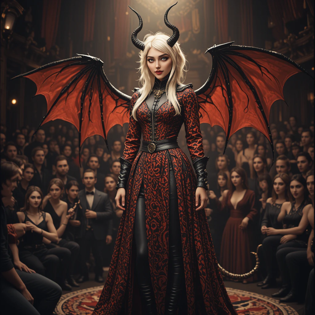 Fantasy bard woman with horns in a rowdy theater