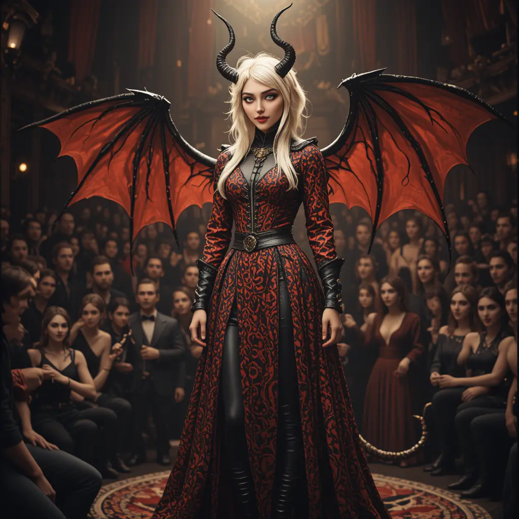 Fantasy bard woman with horns in a rowdy theater