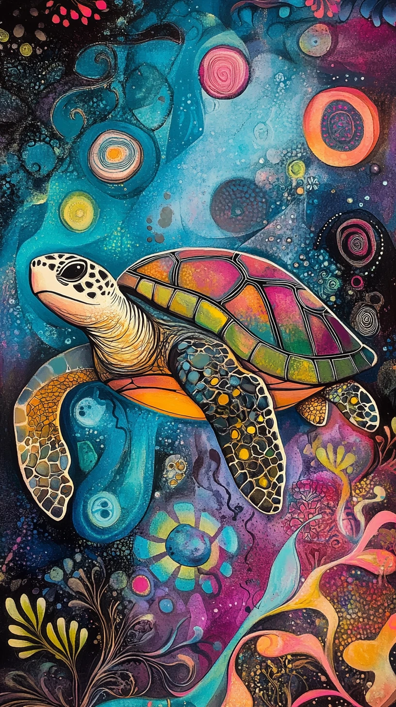 Magical mixed media sea turtles in surreal abstract color