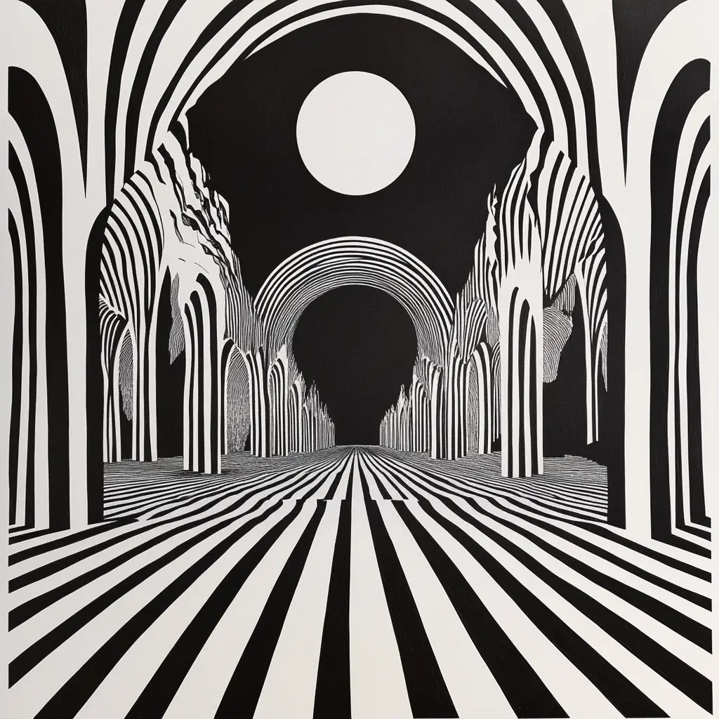 Infinite striped temple corridor in stark black and white