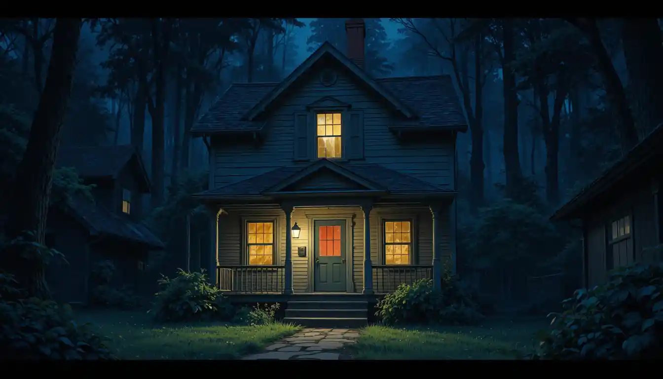 Kleines altes Mietshaus im dunklen Anime-Horrorwald