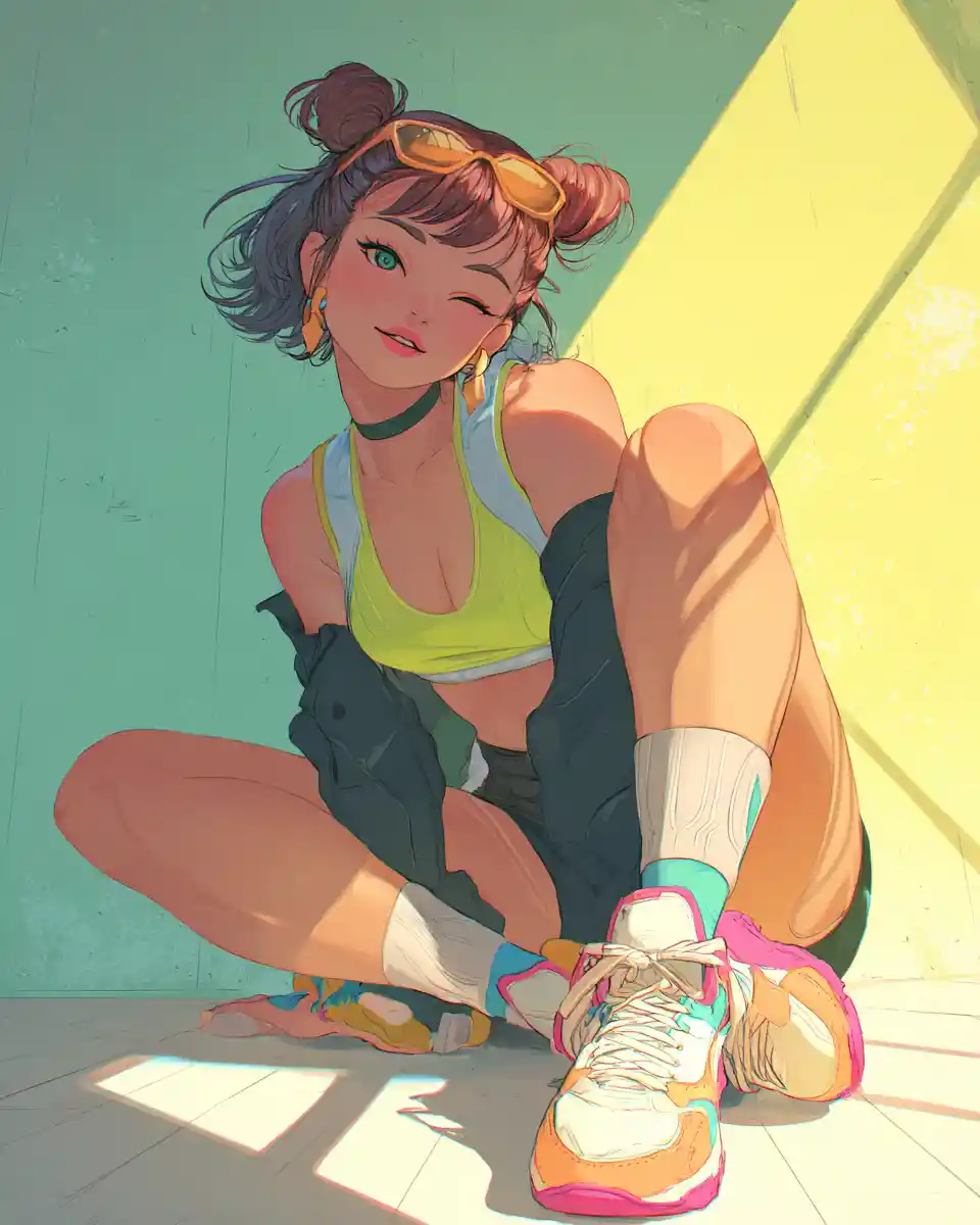 Cute anime girl sitting in playful gym style pose