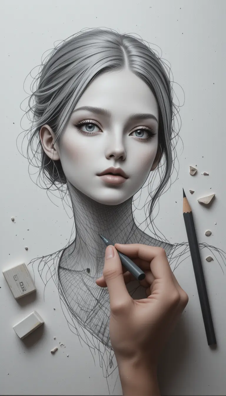 Artist drawing on textured notebook paper with graphite tools