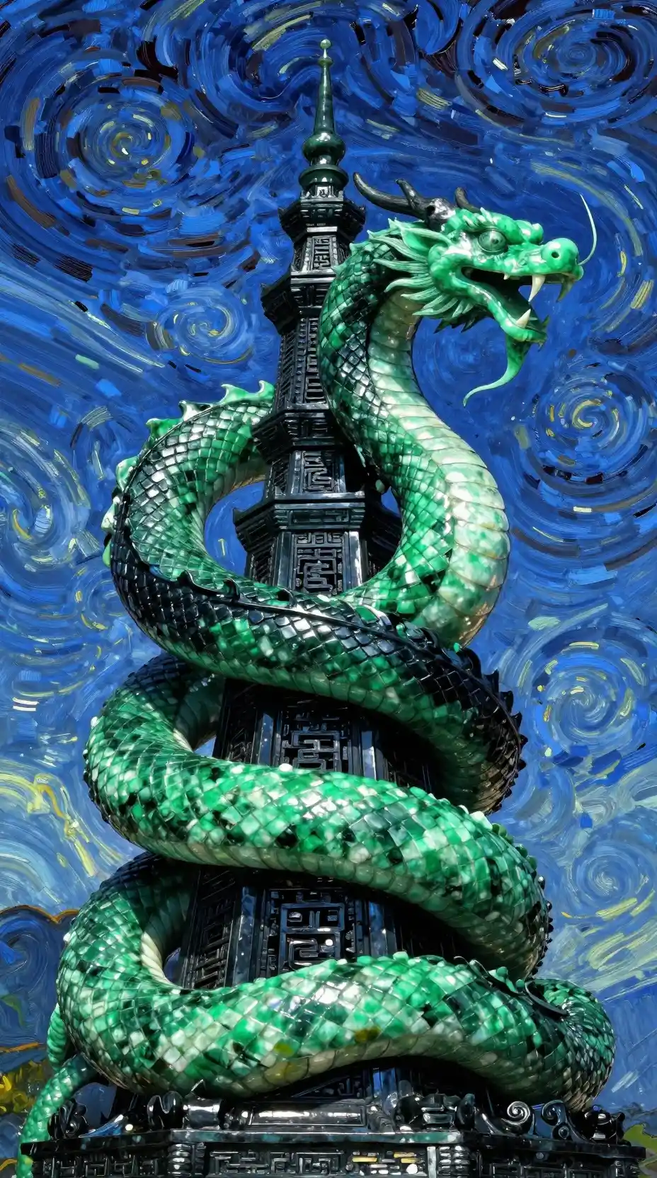Majestic jade dragon coiling around a dark spire