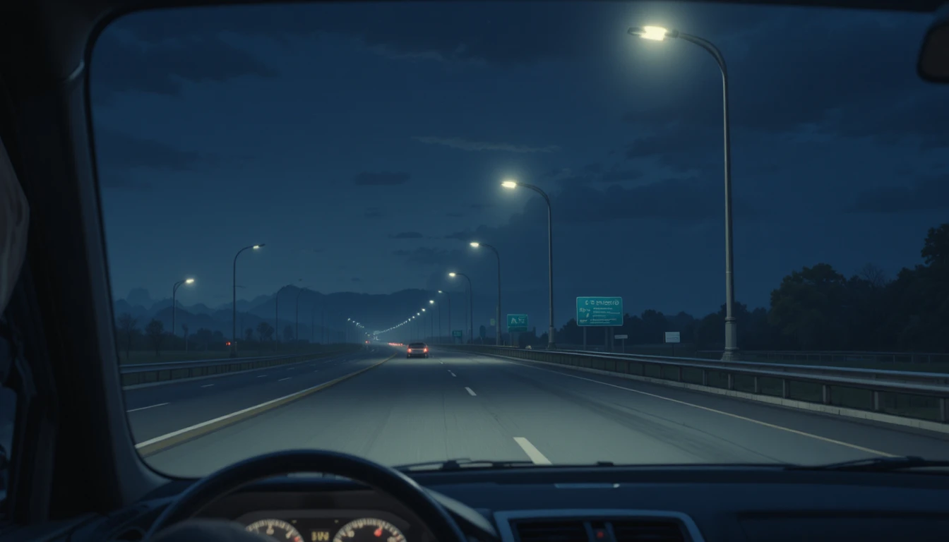 Voiture solitaire sur une autoroute déserte la nuit