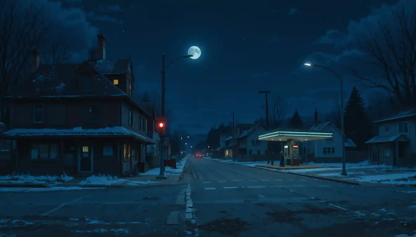 외로운 깜빡이는 불빛 아래 텅 빈 작은 마을 거리