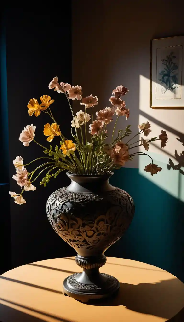Vista em ângulo baixo de arranjo ikebana sobre uma mesa ornamentada