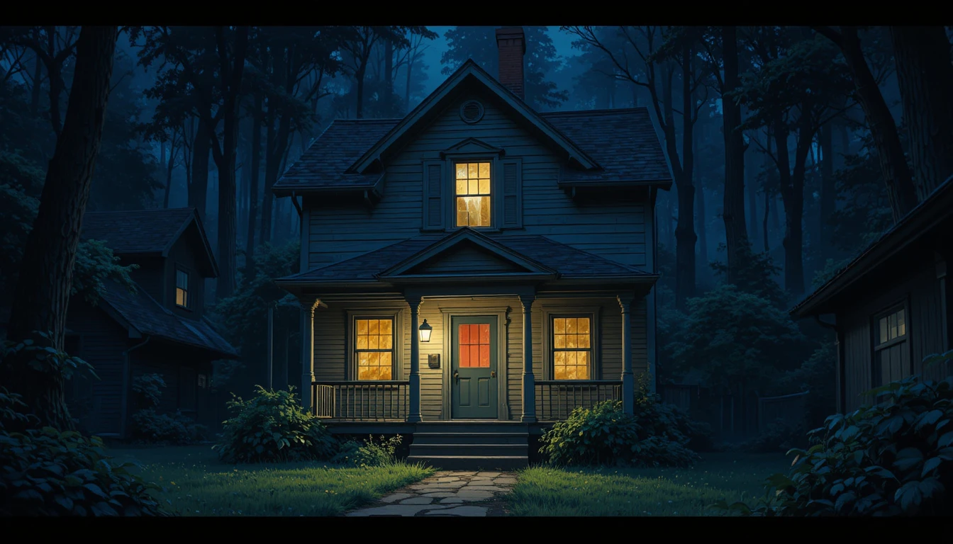 Kleines altes Mietshaus im dunklen Anime-Horrorwald