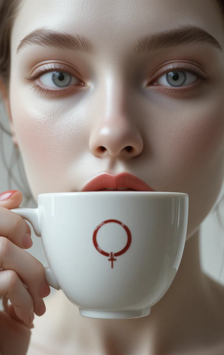 Surreal close up of porcelain white woman sipping coffee
