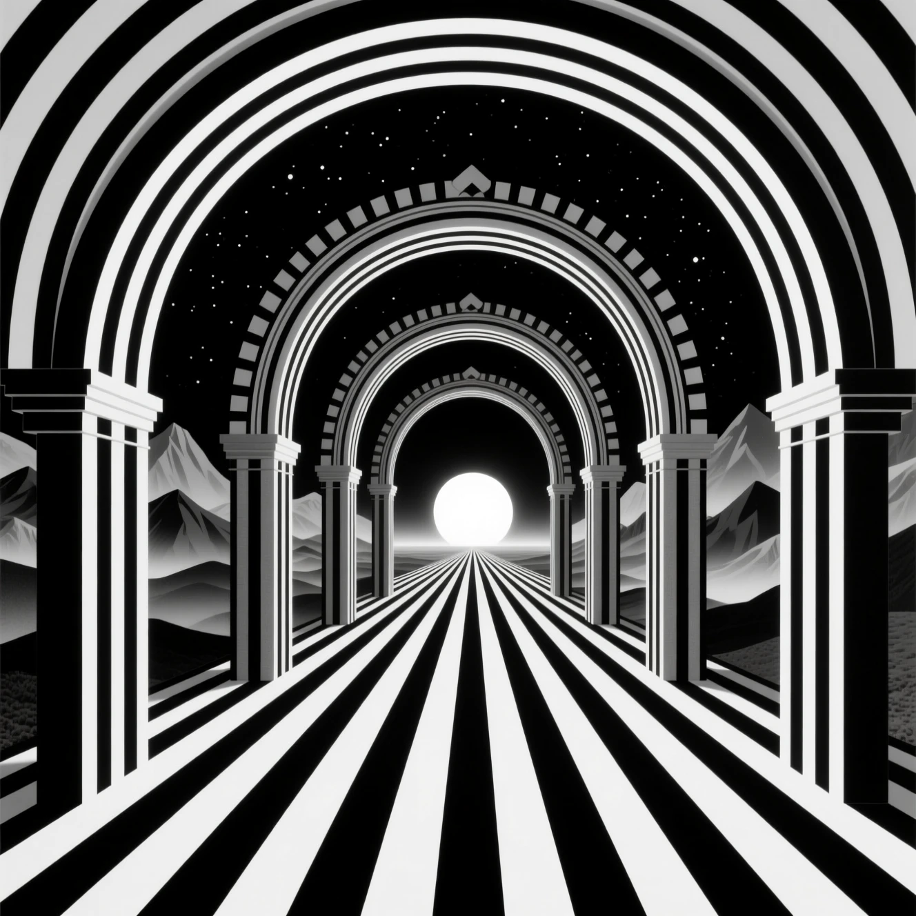 Surreal striped corridor of infinite temple archways