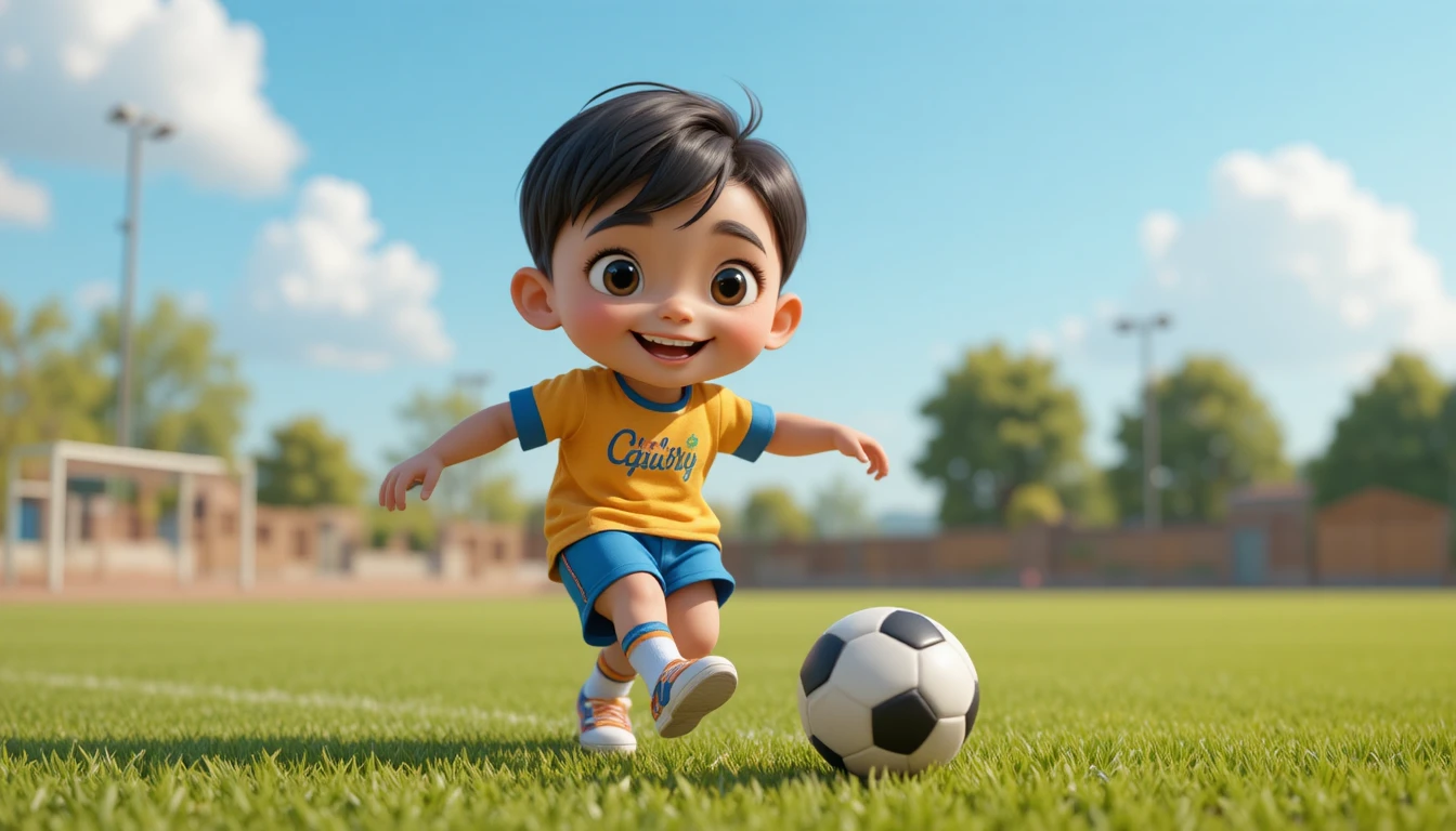 Lächelndes Kind, das auf einem sonnigen Spielplatz einen Fußball kickt
