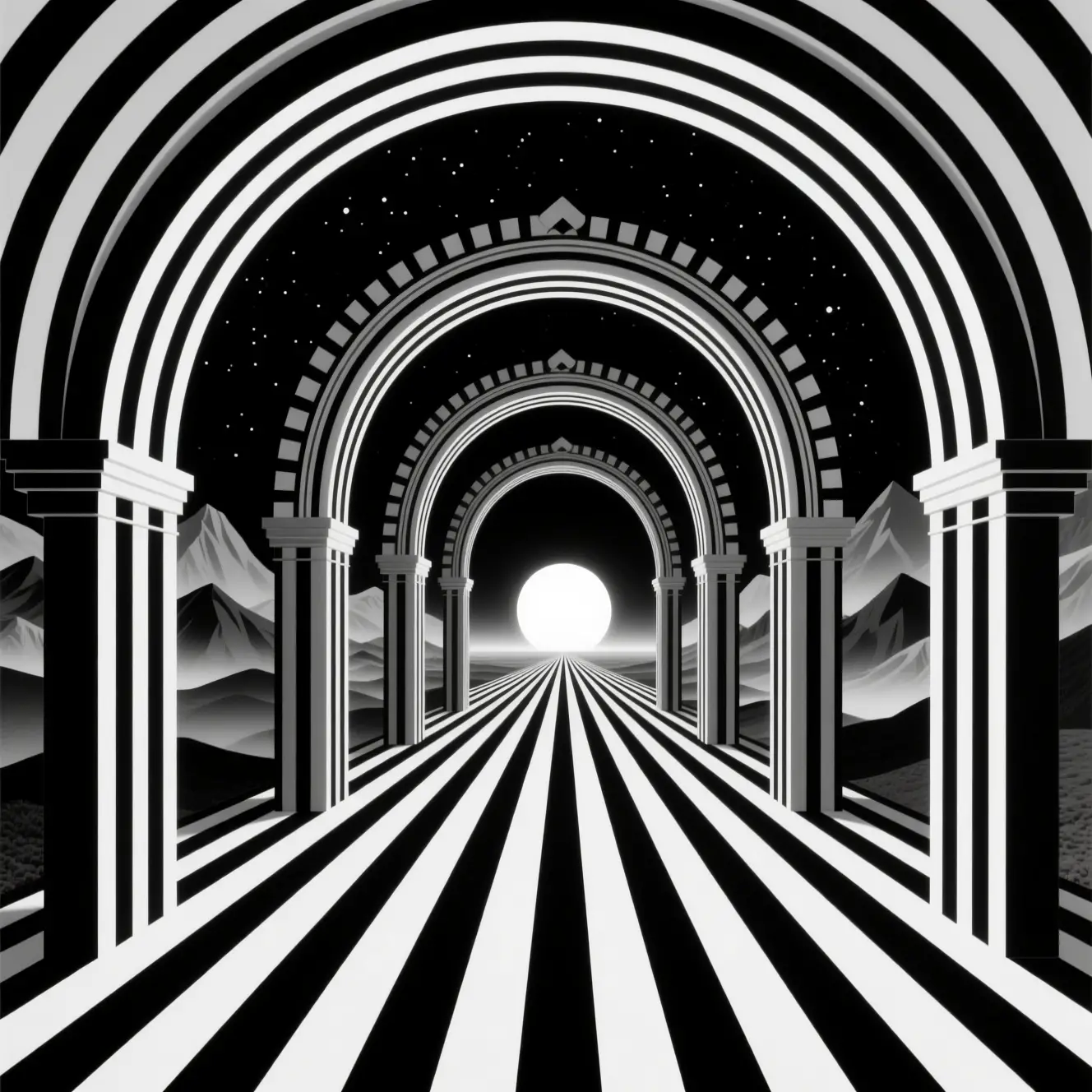 Surreal striped corridor of infinite temple archways