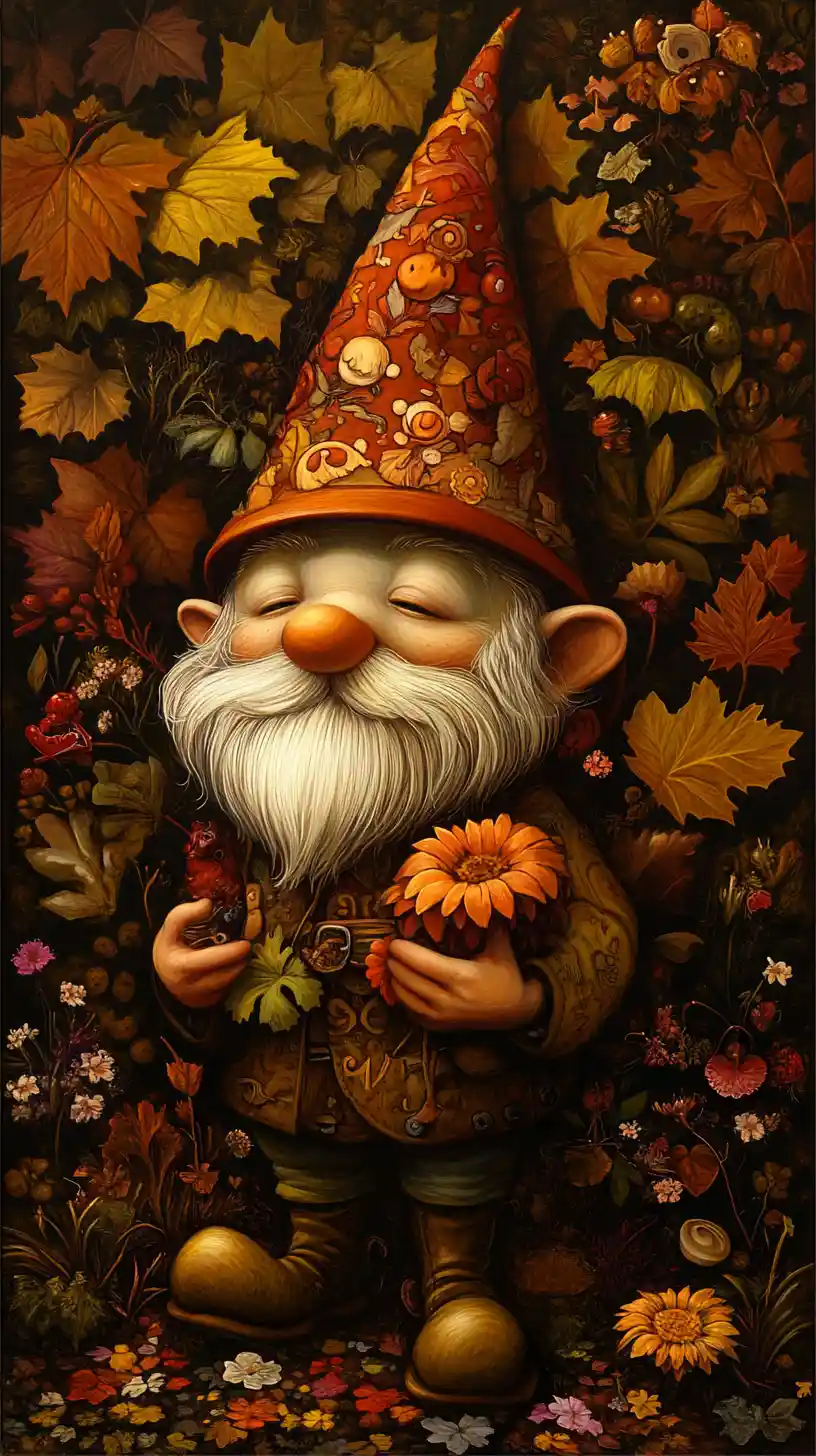Whimsical gnome in a surreal autumn fantasy world
