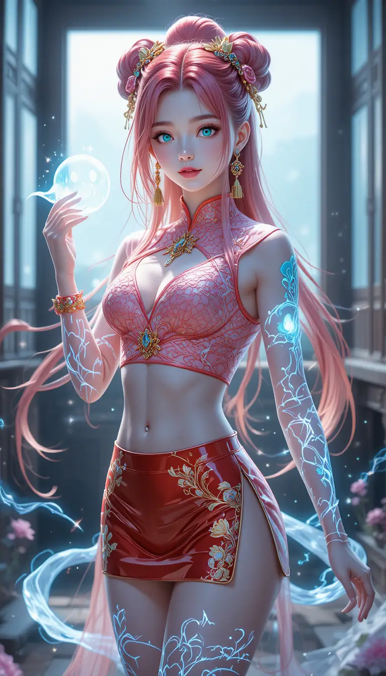 Anime girl with crimson hair and hidden eye mark