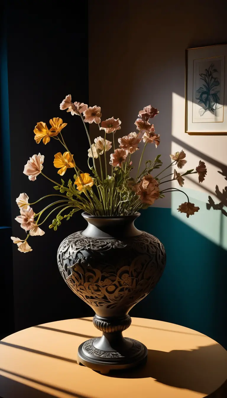 Vista dal basso di fiori ikebana su un tavolo decorato
