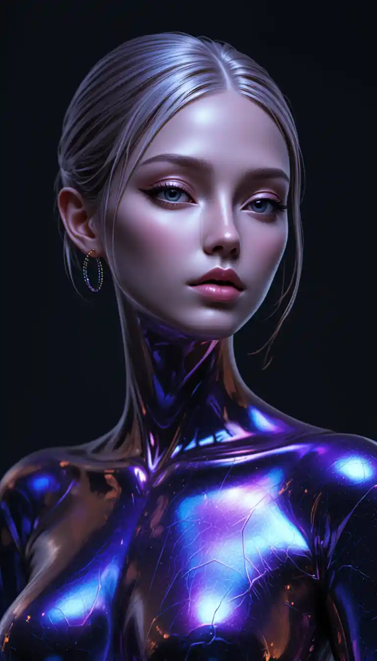 Futuristic metallic portrait against pure black background
