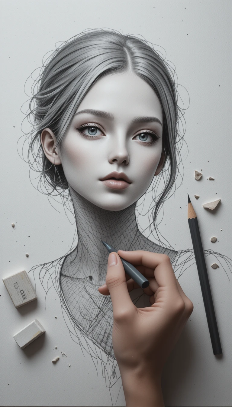 Artist drawing on textured notebook paper with graphite tools