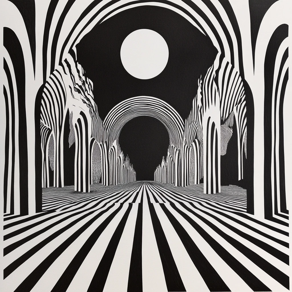 Infinite striped temple corridor in stark black and white