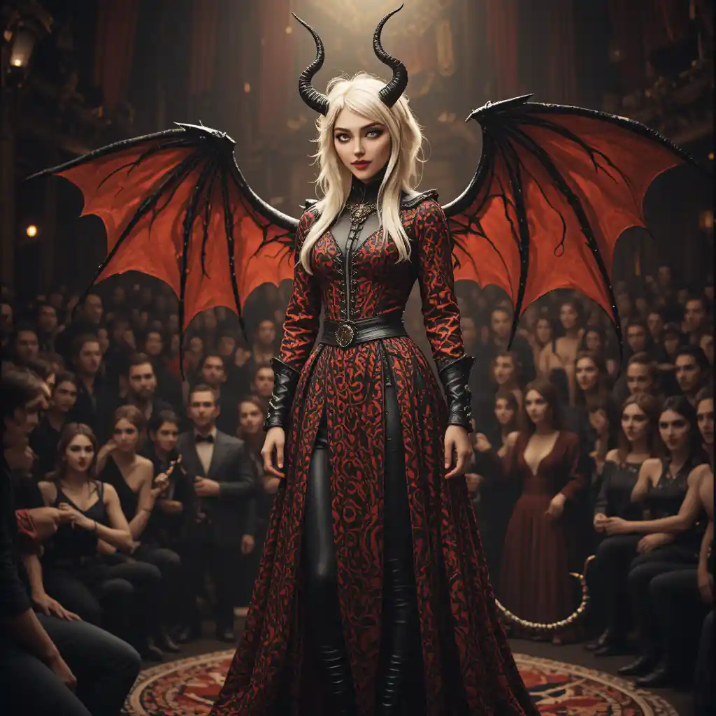 Fantasy bard woman with horns in a rowdy theater