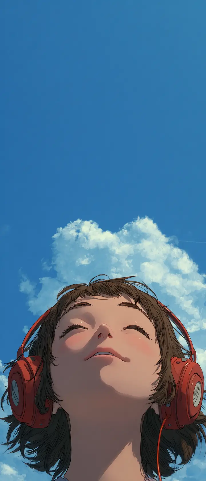 Anime girl with retro headset under summer blue sky