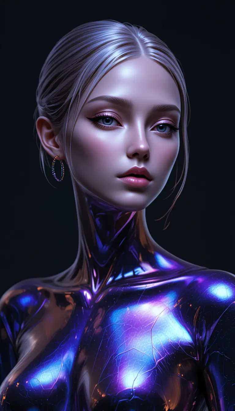 Futuristic metallic portrait against pure black background