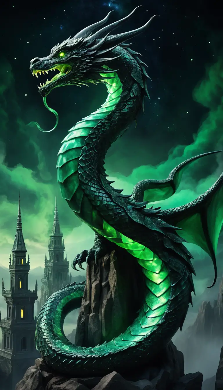 Jade and obsidian dragon coiled around a towering spire